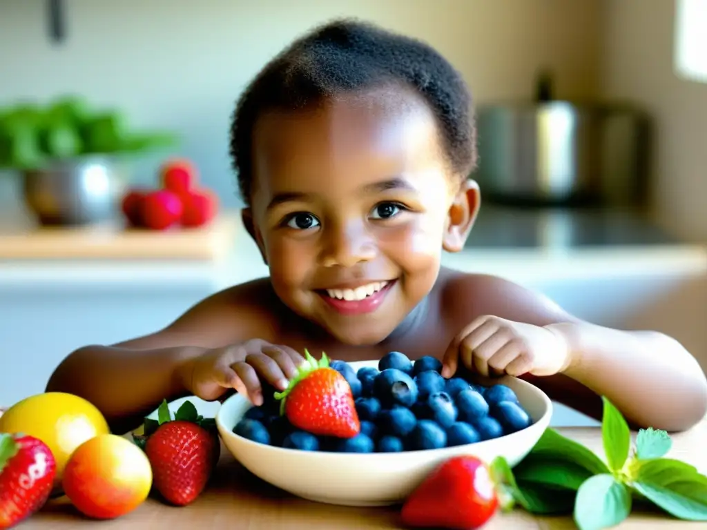 Un niño sonriente rodeado de frutas y verduras orgánicas, mostrando el impacto positivo de los alimentos orgánicos en niños