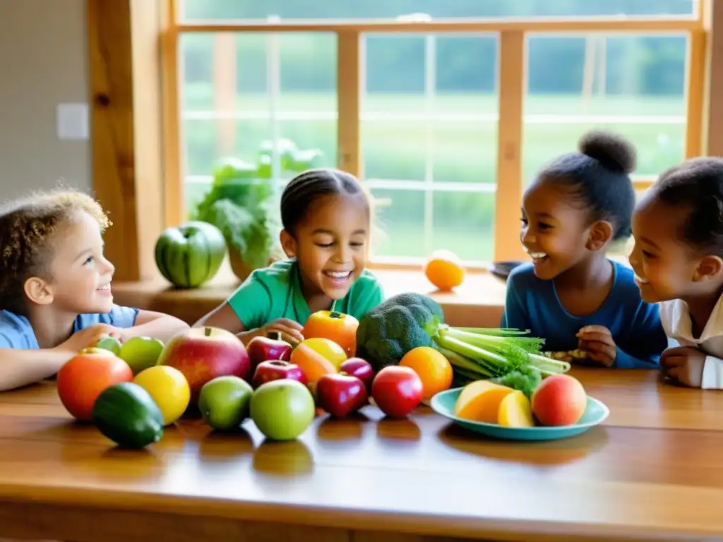 Niños explorando alimentos orgánicos en un ambiente cálido y acogedor