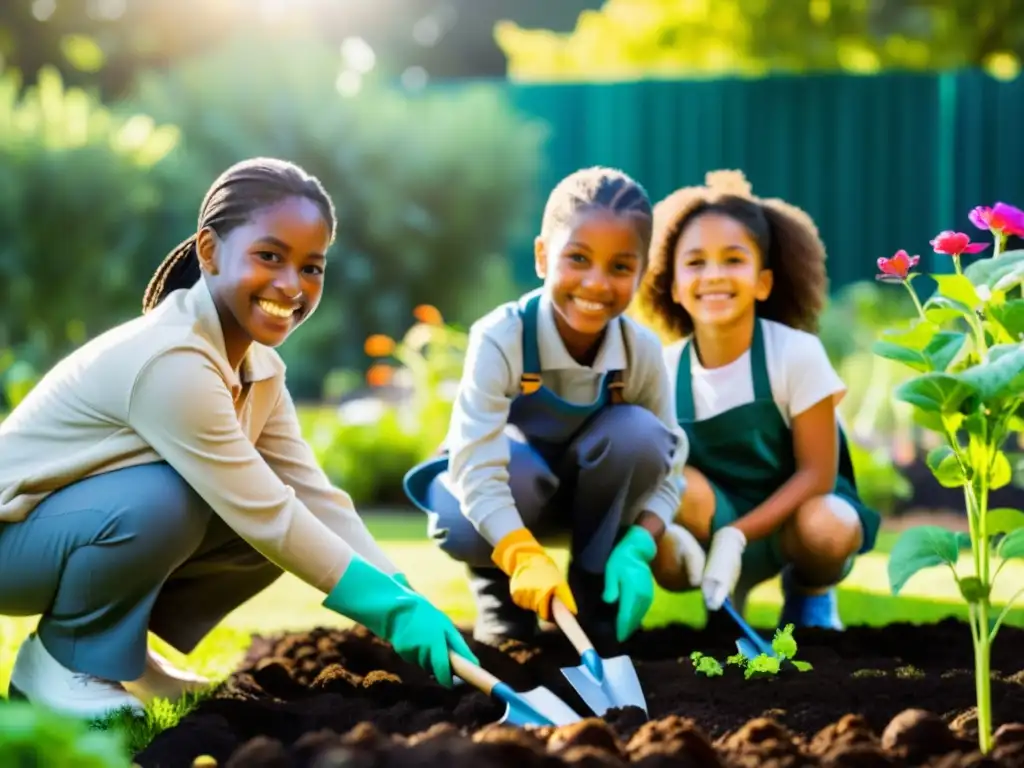 Niños en jardín biodiverso, plantando semillas con maestra sonriente