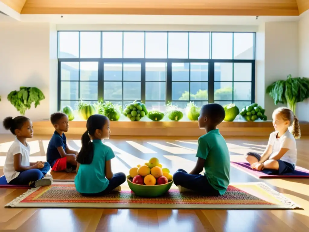 Niños en clase examinan frutas y verduras orgánicas, fomentando el consumo consciente de alimentos orgánicos