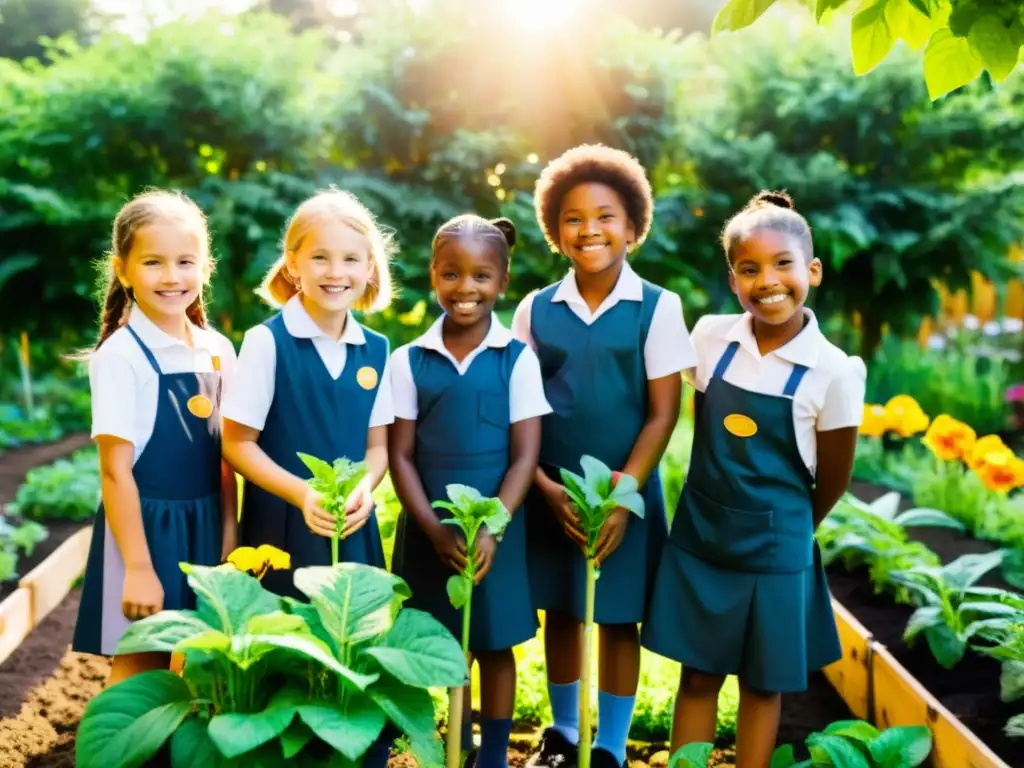 Niños de diversas culturas trabajan juntos en un huerto escolar, rodeados de naturaleza exuberante y plantas