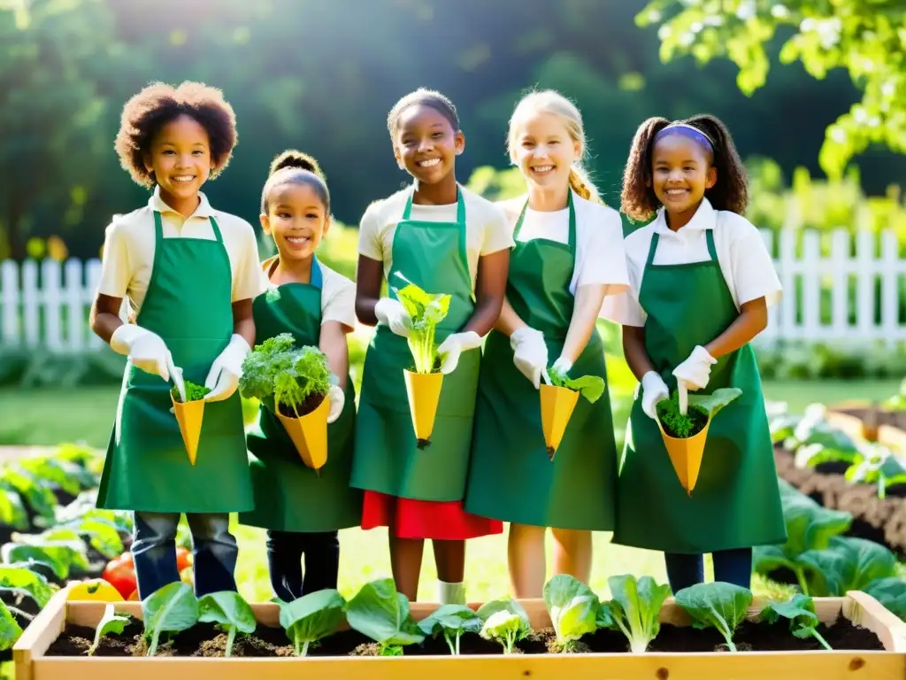 Niños escolares plantando huertos orgánicos con entusiasmo en un jardín escolar soleado y organizado