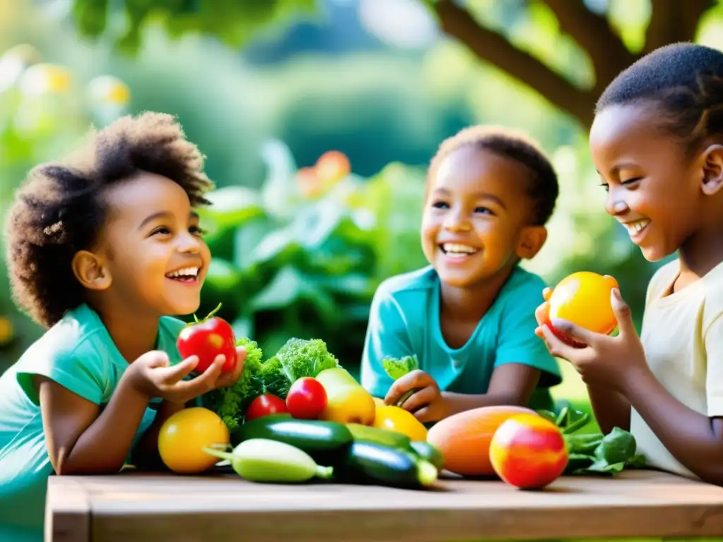 Niños felices disfrutando de alimentos orgánicos en un jardín soleado, mostrando los beneficios de una nutrición saludable para niños