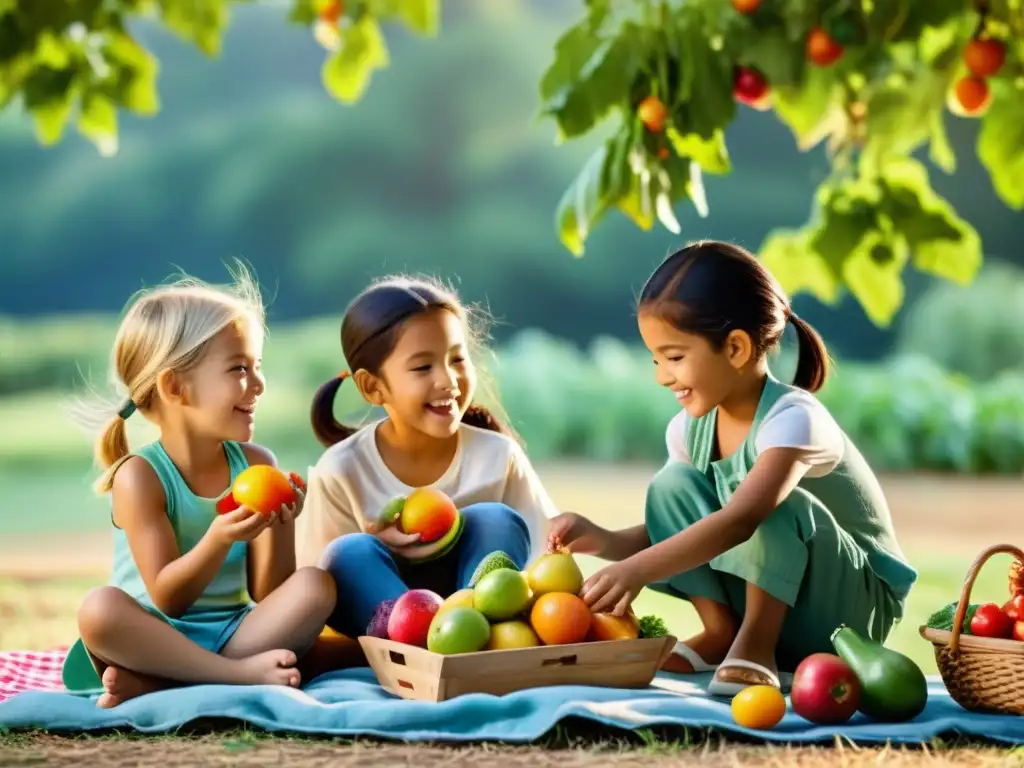 Niños felices disfrutando de alimentos orgánicos en un picnic, rodeados de naturaleza serena y colores vibrantes