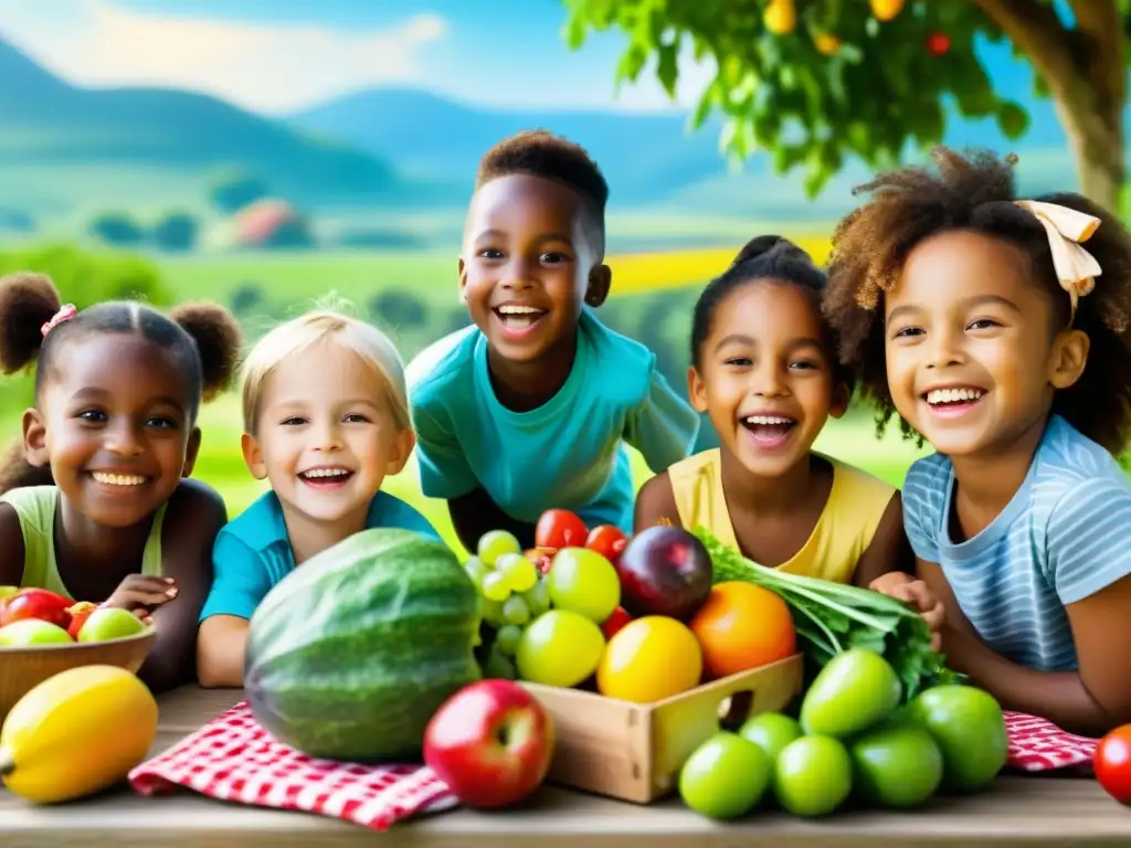 Niños felices disfrutando de alimentos orgánicos en un picnic al aire libre, capturando los beneficios de los alimentos orgánicos para niños