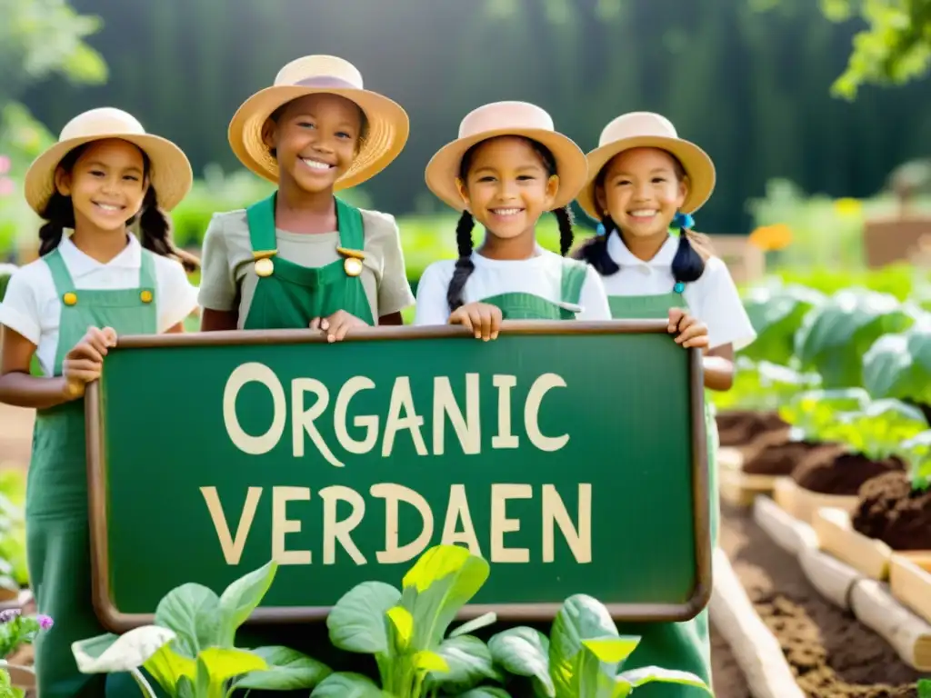 Niños felices cuidan cultivos en un jardín orgánico