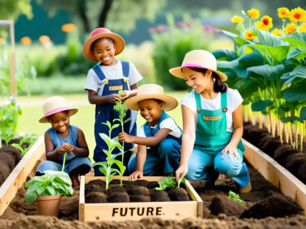 Niños felices plantando semillas en un jardín orgánico