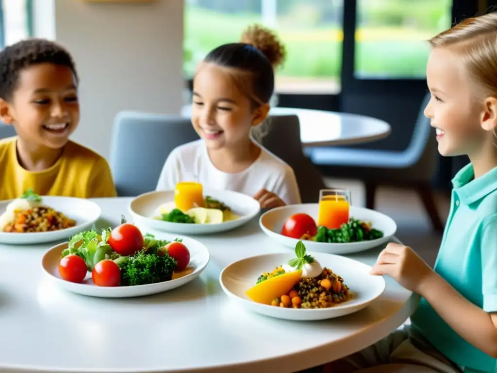 Niños explorando y disfrutando platos orgánicos en restaurante luminoso y moderno