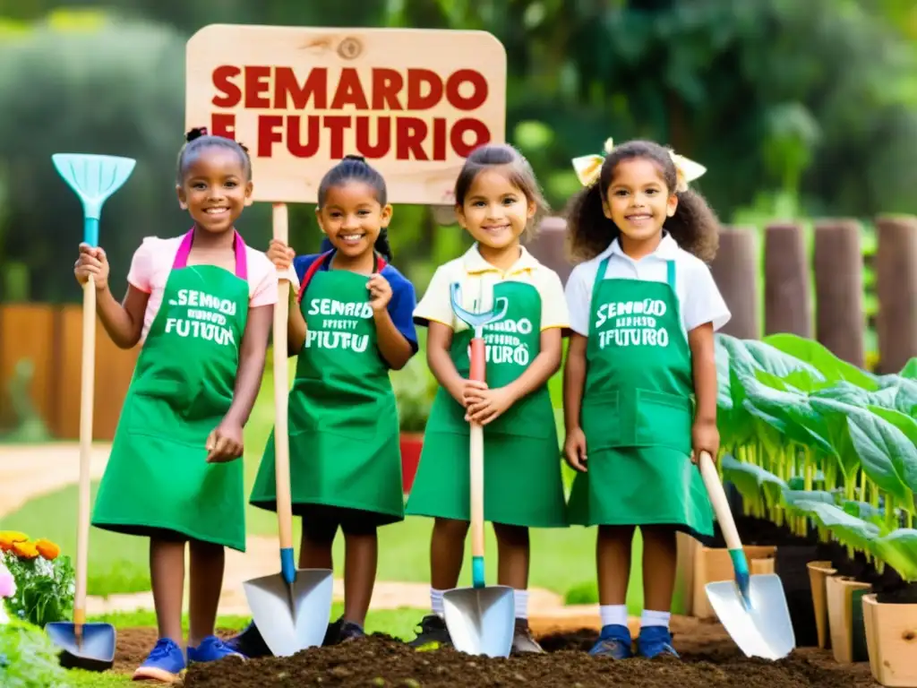 Niños plantan semillas en jardín orgánico con entusiasmo