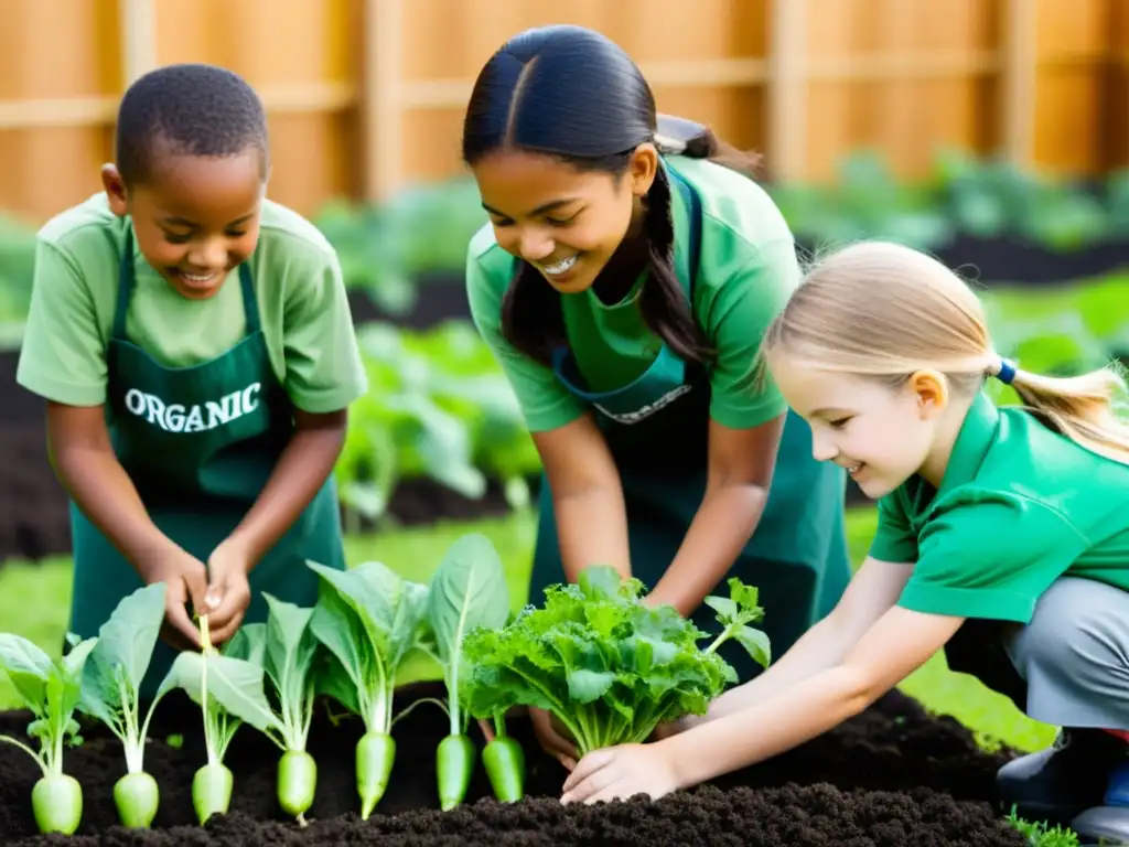 Niños plantando vegetales en huerto escolar orgánico, con entusiasmo y concentración