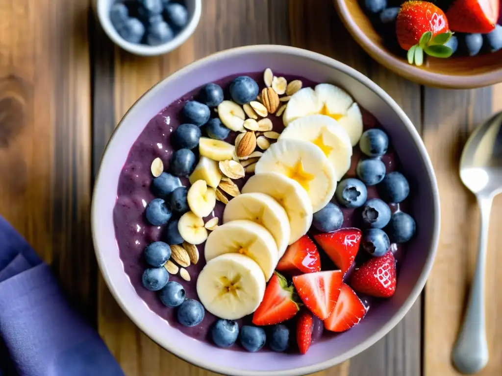 Un nutritivo y energizante desayuno orgánico con acai bowl y frutas frescas en una mesa rústica iluminada por luz natural