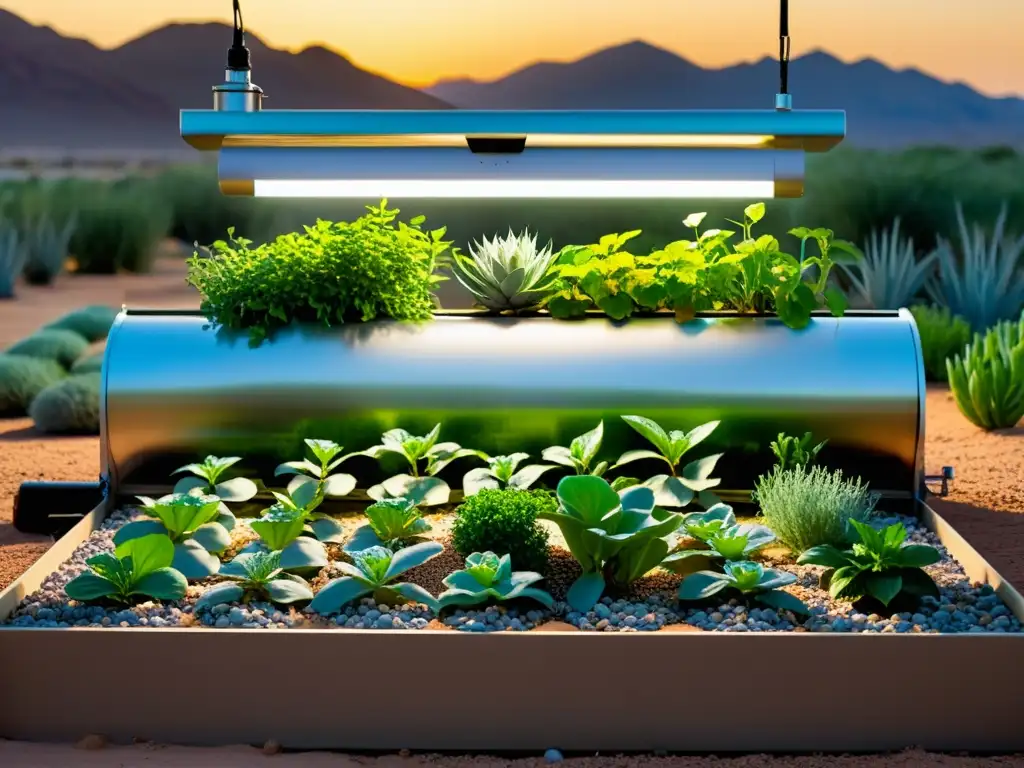 Un oasis de acuaponía orgánica en climas áridos con un diseño moderno y exuberante vegetación, reflejando armonía y sostenibilidad