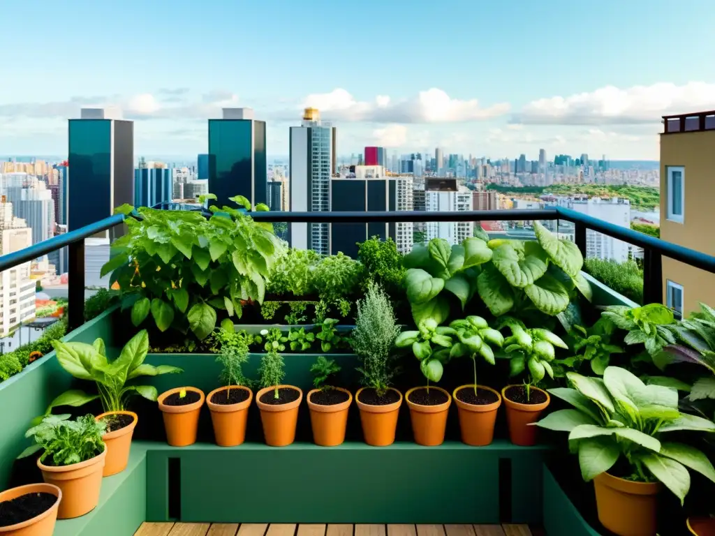 Un oasis de permacultura urbana en pequeños espacios, con plantas, frutas y vegetales en un balcón urbano ante el horizonte de la ciudad