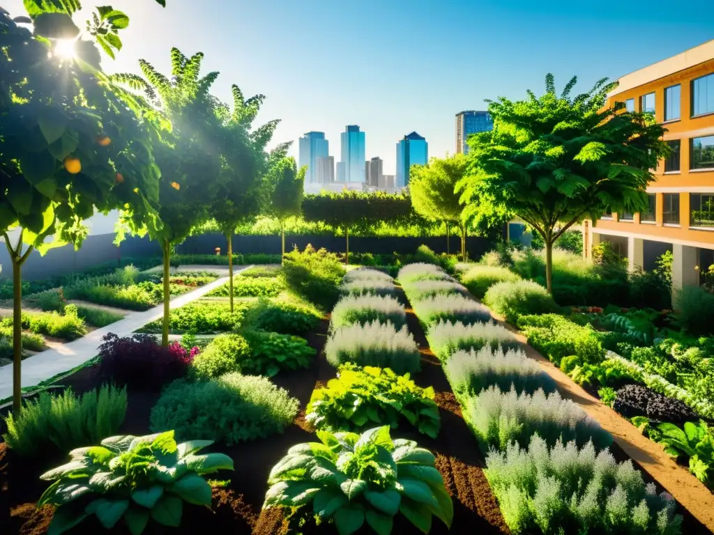 Un oasis urbano lleno de vida y color, con cultivos variados y árboles frutales, iluminado por suaves rayos de sol