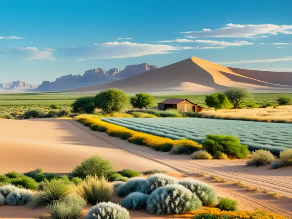 Un oasis de vida en el desierto: una granja orgánica rodeada de cultivos verdes y flores silvestres