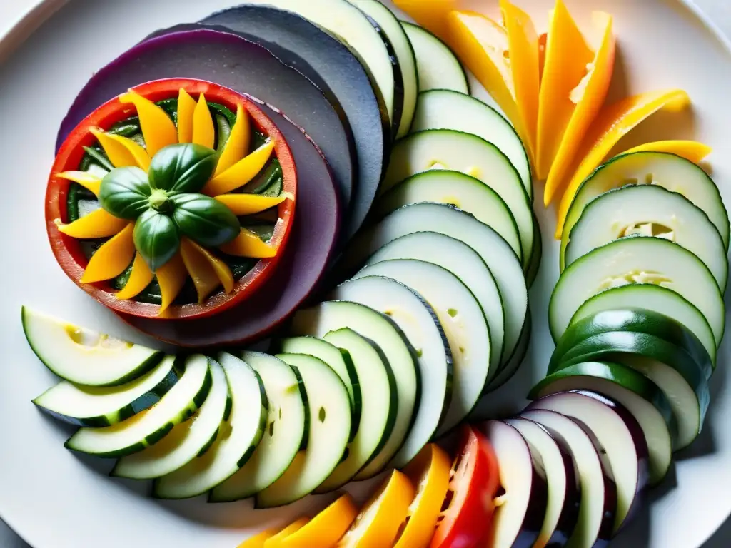 Una obra de arte culinaria con verduras orgánicas, como tomates, calabacines, berenjenas y pimientos, dispuestas en capas en un plato blanco