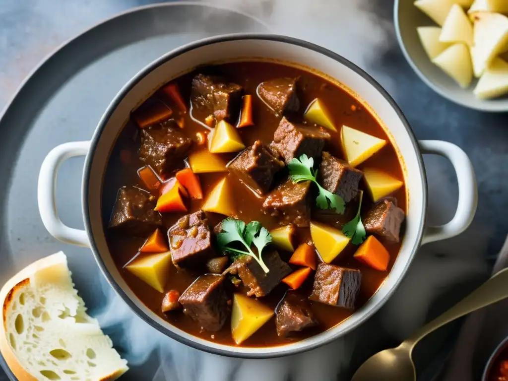 Una olla humeante de goulash húngaro casero con carne orgánica, paprika y vegetales, en un ambiente rústico y acogedor