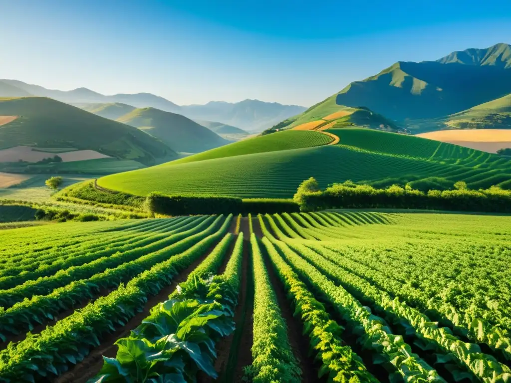 Producción orgánica de alimentos ante cambio climático: una granja orgánica en un valle, con cultivos verdes bajo un cielo azul y montañas al fondo