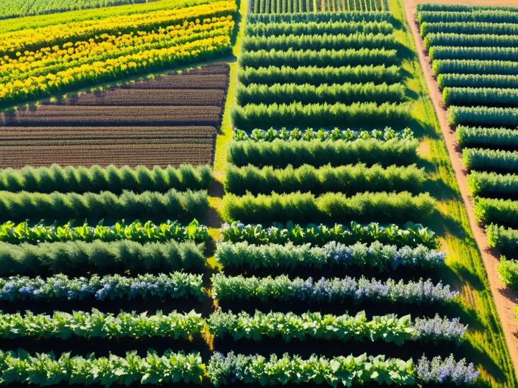 Producción orgánica de alimentos ante cambio climático: Granja orgánica con cultivos vibrantes bajo el sol, reflejando equilibrio y esperanza