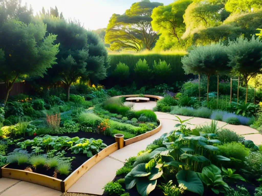 Un jardín de permacultura orgánica con camas elevadas llenas de cultivos vibrantes, senderos naturales y un ambiente pacífico