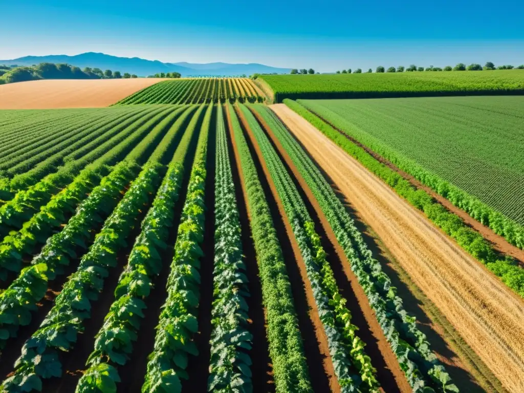 Producción orgánica en cambio climático: Una granja orgánica con cultivos ordenados bajo el cielo azul, transmitiendo armonía y tranquilidad