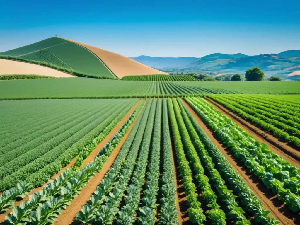 Producción orgánica en cambio climático: Granja orgánica bañada por el sol, cultivos verdes y colinas lejanas, reflejando la armonía con la naturaleza