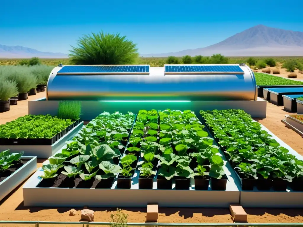 Acuaponía orgánica en climas áridos: sistema próspero en desierto, con plantas verdes y peces vibrantes bajo cielo azul