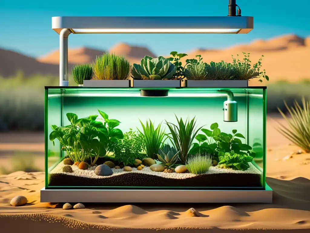 Acuaponía orgánica en climas áridos: sistema sostenible con tanques acrílicos, plantas verdes y peces en un paisaje desértico innovador y minimalista