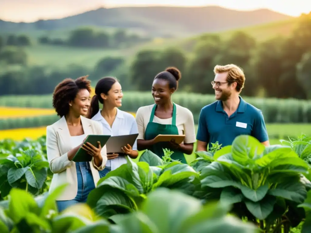 Formación en agricultura orgánica competitiva: Diversos profesionales colaboran en una granja orgánica, con entusiasmo y propósito