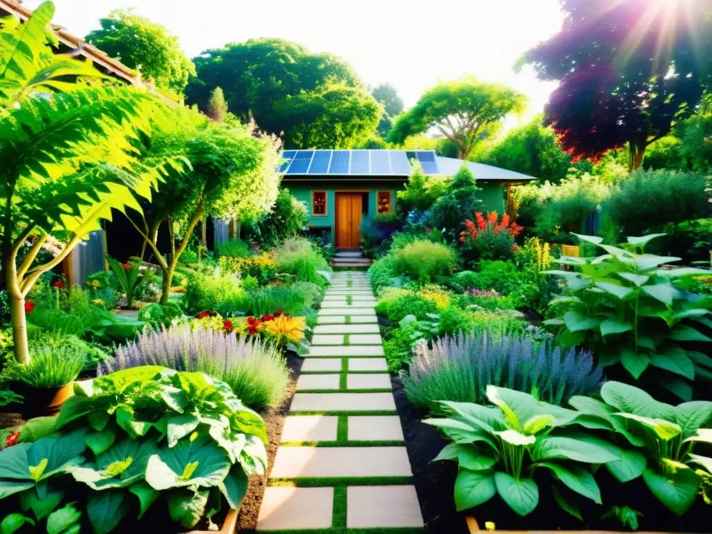 Jardín de permacultura orgánica exuberante y vibrante, con diversidad de plantas y vegetales creciendo en armonía