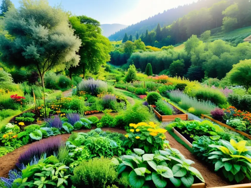 Jardín de permacultura orgánica con frutas, verduras y hierbas en armonía