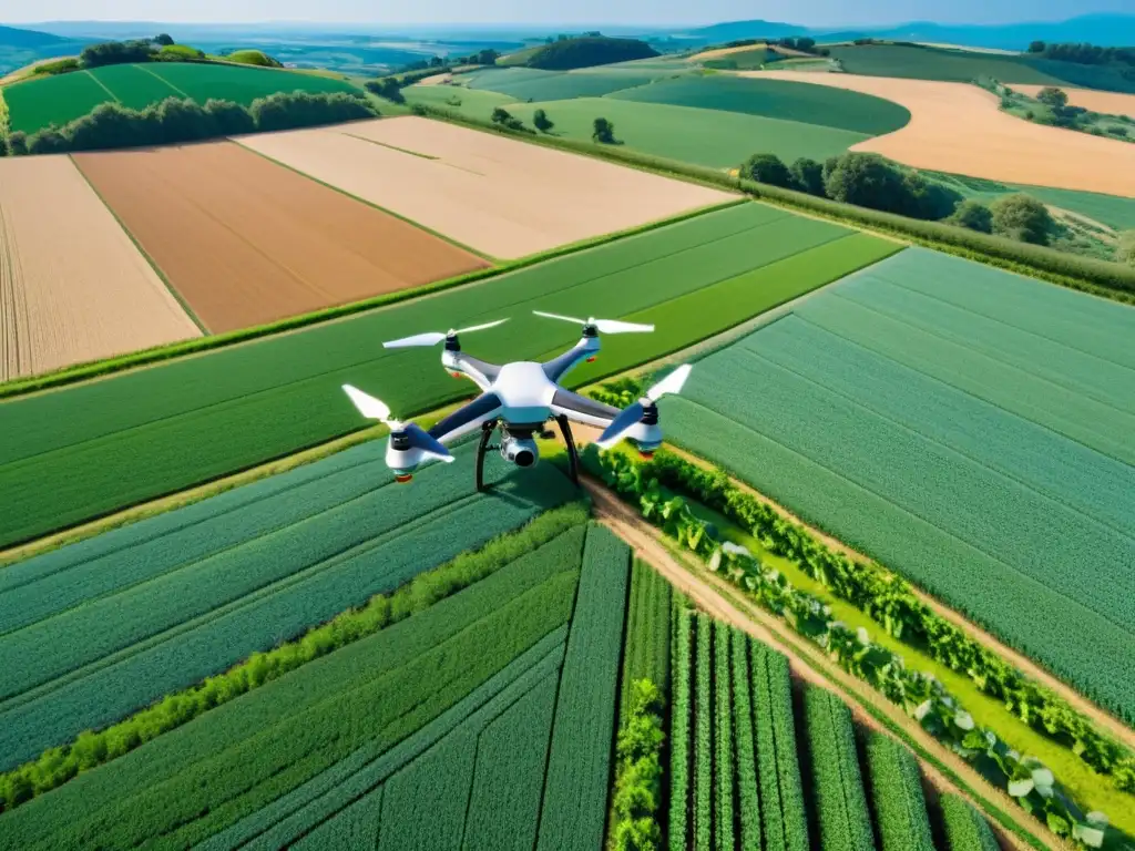 Fusión de Big Data Agricultura Orgánica: Imagen detallada de granja moderna con tecnología agrícola de precisión y naturaleza exuberante