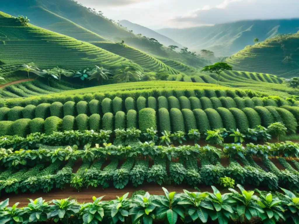 Plantación de café orgánico bañada en suave luz matutina, transmitiendo tranquilidad y sostenibilidad