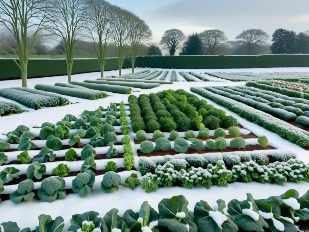 Un jardín orgánico cubierto de nieve con cultivos de invierno como col rizada, zanahorias y coles de Bruselas asomándose entre el hielo