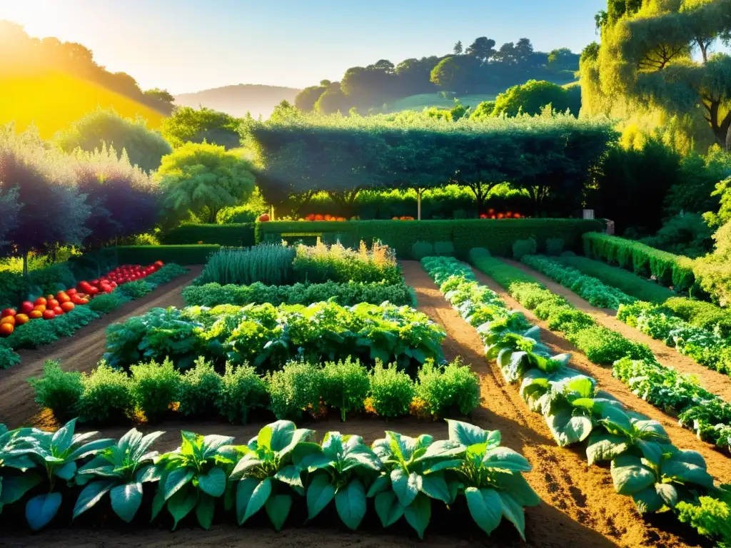 Un jardín orgánico exuberante y colorido bañado por la cálida luz del sol