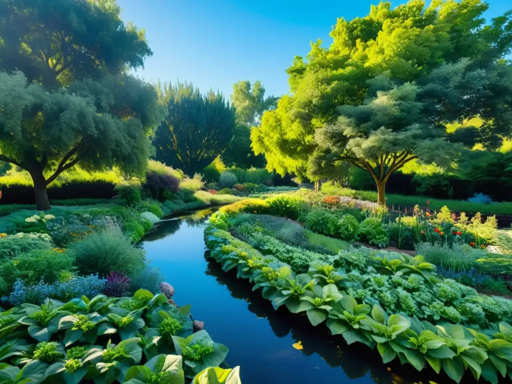 Un jardín orgánico exuberante y sereno, con frutas y verduras vibrantes y maduros