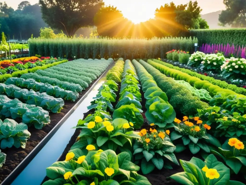 Un jardín orgánico exuberante con vegetales verdes y flores coloridas, destacado por un sistema de riego inteligente