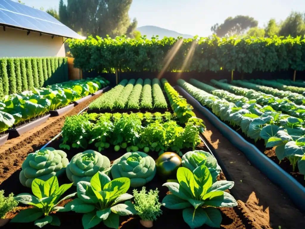 Un jardín orgánico exuberante y vibrante con un avanzado sistema de riego inteligente orgánico integrado en el paisaje natural