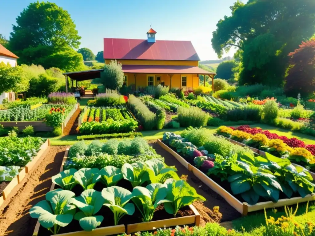 Un jardín orgánico exuberante y vibrante con hileras de alimentos coloridos, iluminado por el cálido sol