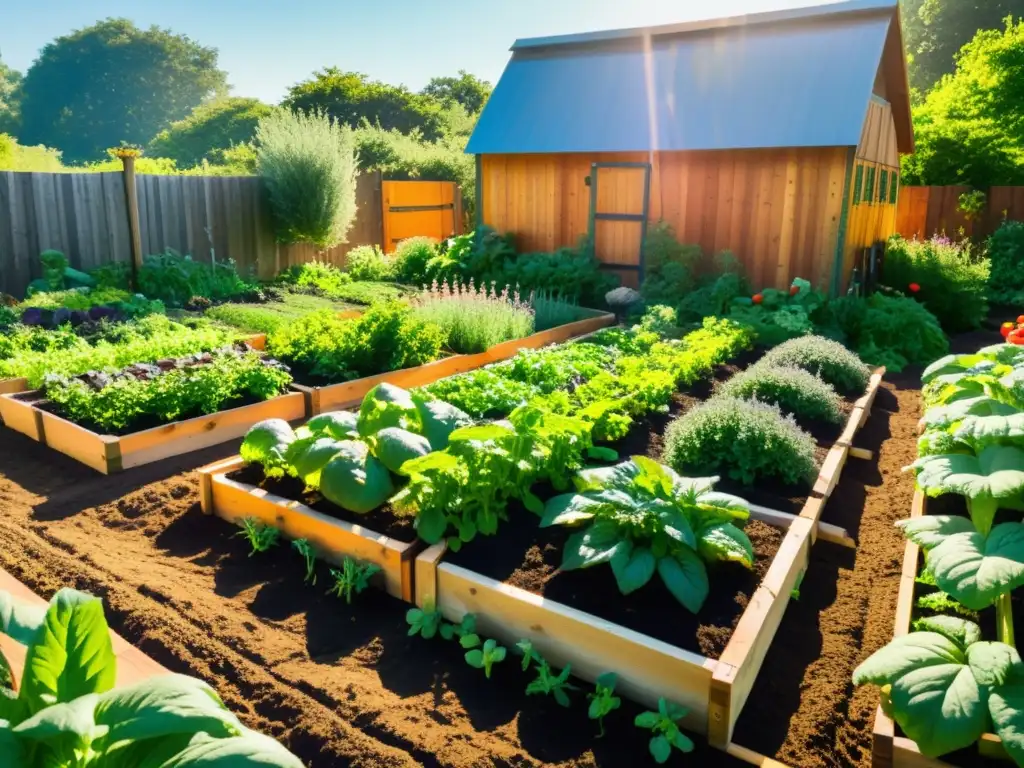 Un jardín orgánico exuberante y vibrante con hileras de verduras y hierbas