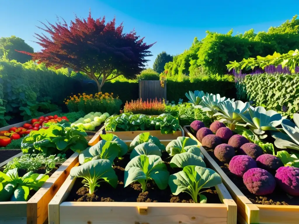 Un jardín orgánico exuberante y vibrante, lleno de verduras y frutas coloridas, con un cielo azul claro de fondo