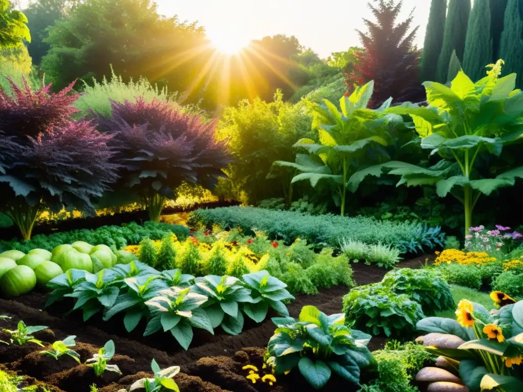 Un jardín orgánico exuberante y vibrante, nutrido con té de compost, bañado por la cálida luz del sol