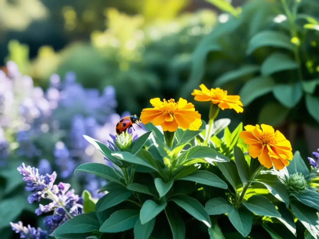 Un jardín orgánico exuberante y vibrante con plantas compañeras prósperas