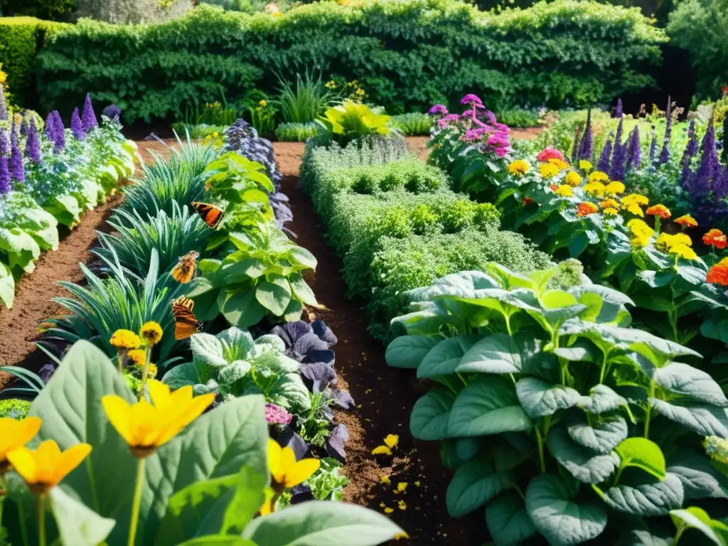 Jardín orgánico exuberante y vibrante con plantas saludables y coloridas, bañadas por cálida luz solar