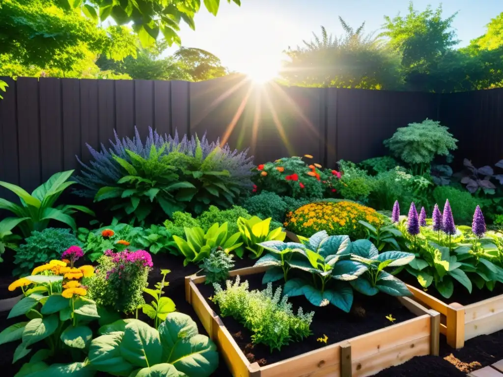 Un jardín orgánico exuberante y vibrante, con plantas saludables, flores coloridas y vegetales