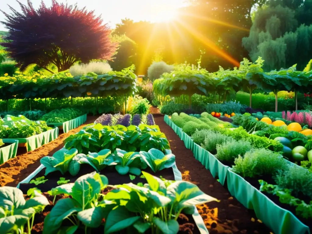 Un jardín orgánico exuberante y vibrante en plena temporada de cultivos, con variedad de frutas y verduras