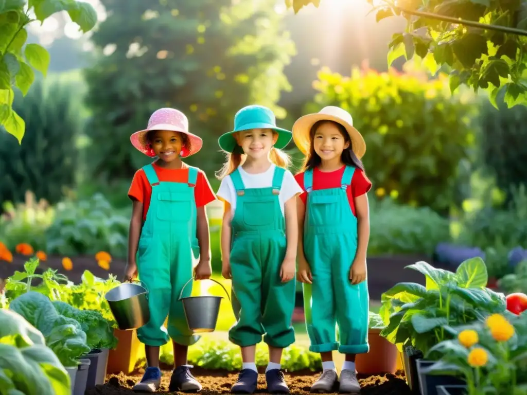 Un jardín orgánico floreciente donde niños en overoles y sombreros cuidan las plantas con amor