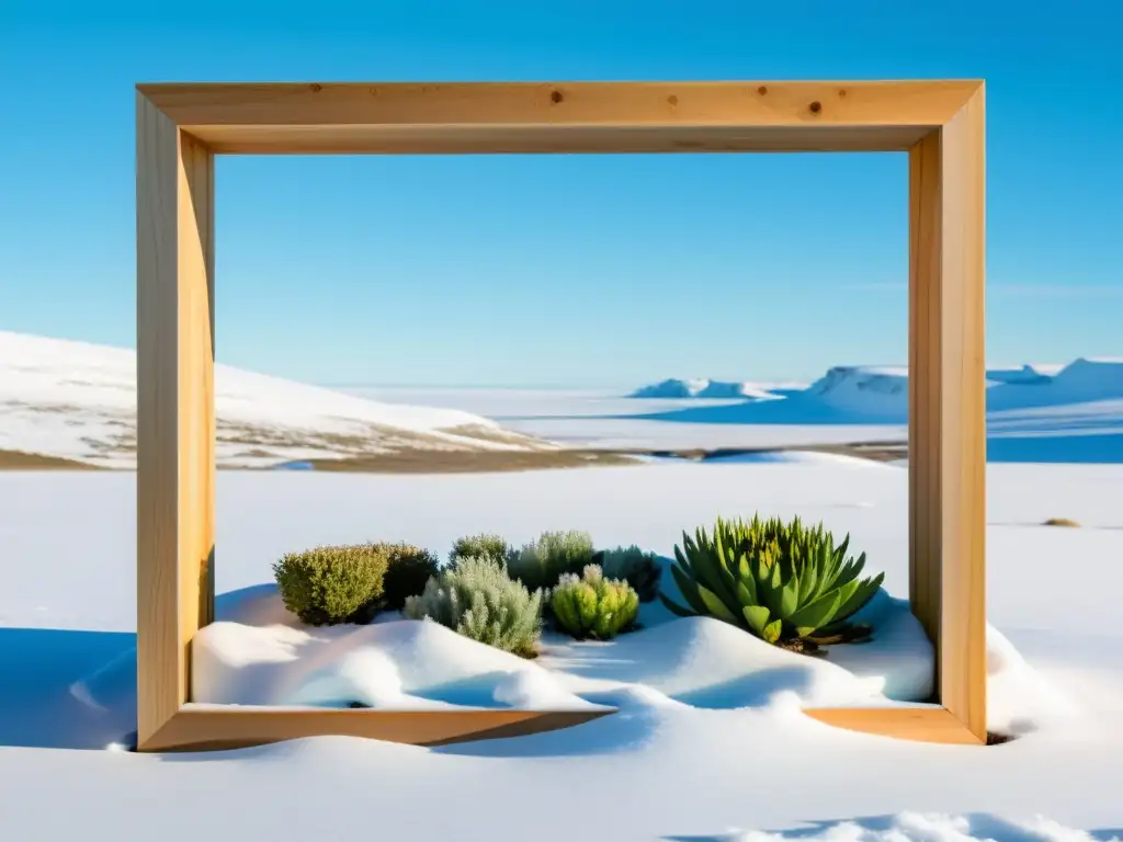 Un jardín orgánico floreciente en la tundra nevada, destaca su contraste con el entorno helado