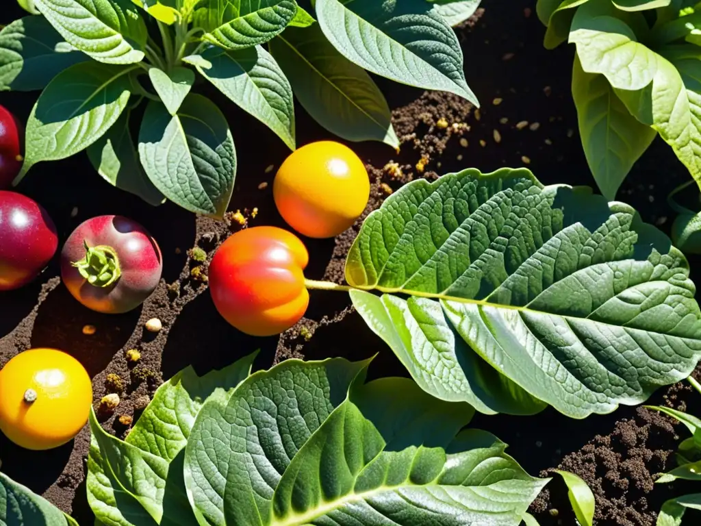 Jardín orgánico vibrante con detalle impresionante Un jardín orgánico próspero con frutas y verduras vibrantes, en armonía con la naturaleza, muestra técnicas orgánicas para reducir desperdicio