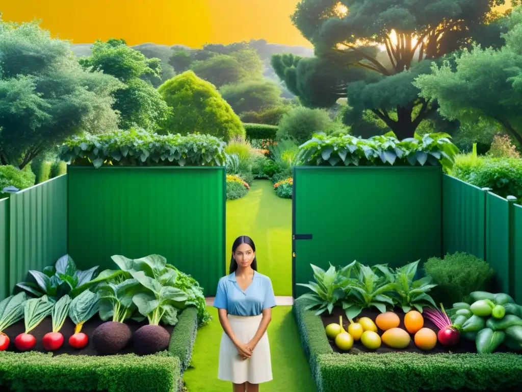 Un jardín orgánico rebosante de frutas y verduras vibrantes, en perfecta armonía y bañado por una suave luz dorada